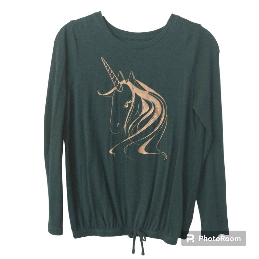 Girls Cat & Jack Teal Green and Gold Unicorn Top Size Large 10/12